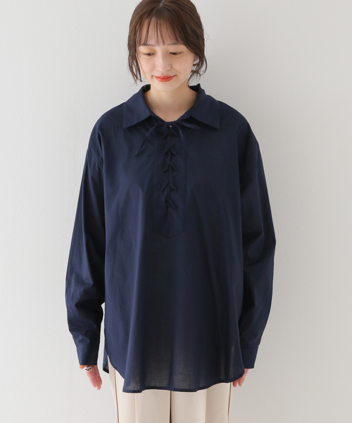 B.C STOCK(ベーセーストック)の「レースアップブラウス(シャツ/ブラウス・レディース・ブラウン/ホワイト/ネイビー・FREE)」の10枚目の写真