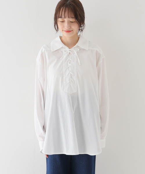B.C STOCK(ベーセーストック)の「レースアップブラウス(シャツ/ブラウス・レディース・ブラウン/ホワイト/ネイビー・FREE)」の20枚目の写真