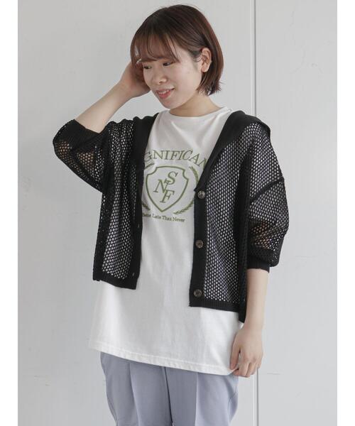 ehka sopo（エヘカソポ）の「カレッジロゴ刺繍Tシャツ（ニット/セーター・レディース・パープル/オフホワイト/キナリ・ﾌﾘ-）」の8枚目の写真