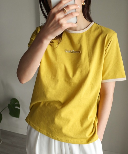 COURO(コウロ)の「刺繍リンガーTシャツ(Tシャツ/カットソー・レディース・オフホワイト/ブラック/オレンジ/グリーン/チャコールグレー/イエロー・FREE)」の6枚目の写真