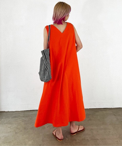 ヌキテパ ドビーVネックドレス ロングワンピース コットン オレンジ M インド ヌキテパ ドビーVネックドレス ロングワンピース コットン