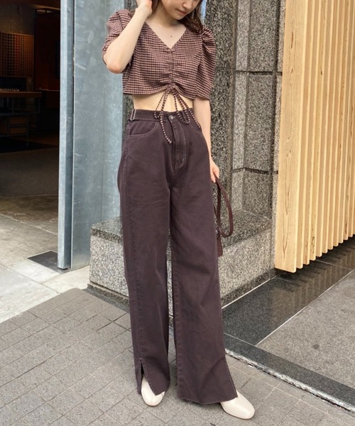 one after another NICE CLAUP(ワンアフターアナザーナイスクラップ)の「【ウエストサイズ調整可能】ワイドデニム(デニムパンツ・レディース・ブラウン/ブルー/インディゴブルー・SMALL/MEDIUM)」の6枚目の写真