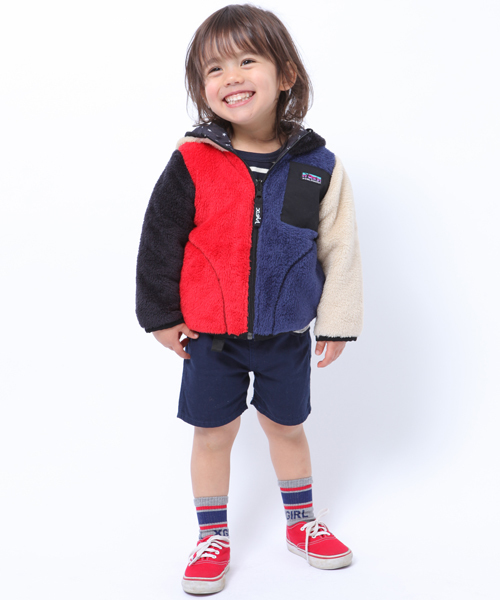 X-girl Stages(エックスガールステージス)の「【VERY11月号掲載】FLUFFY REVERSIBLE JACKET(12M~3T)(ブルゾン・キッズ・マルチ/ベージュ/ネイビー・12M/2T/3T)」の1枚目の写真