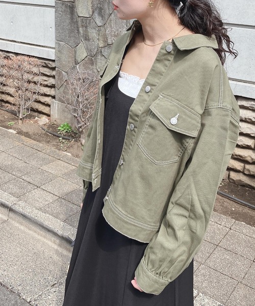 AS KNOW AS plus(アズノゥアズプラス)の「♪ダブルポケットカジュっとジャケット セットアップ可能(デニムジャケット・レディース・ブラック/アイボリー/モカ/ケミカルウォッシュ/ホワイト系/カーキ/インディゴブルー/ピンク/ブラック系/ミント・FREE)」の7枚目の写真