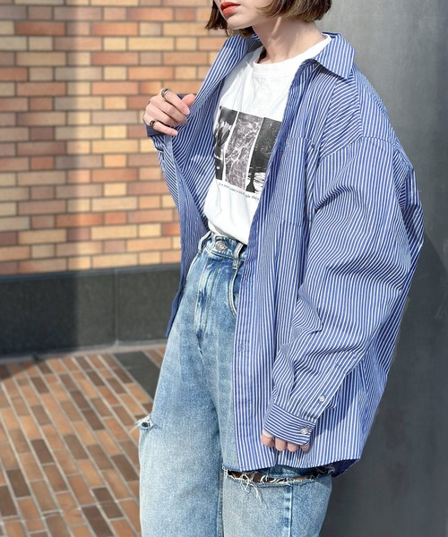 Java（ジャバ）の「《JaVaジャバ コラボ》1枚でマルチウェイ。コットン100％胸刺繍ストライプBIGシルエットシャツ（シャツ/ブラウス・メンズ・ブルー/ブラック系その他/ホワイト・X-LARGE/MEDIUM/SMALL/LARGE）」の18枚目の写真