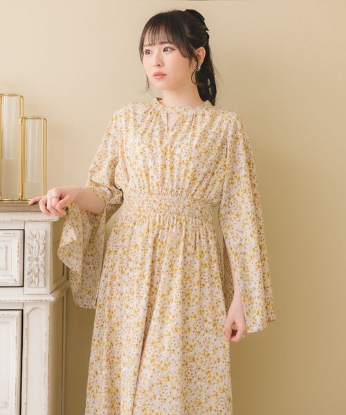 イエロー フレアスリーブ ワンピース M SHIPS フロントボタンフレアスリーブワンピース ネイビー/M
