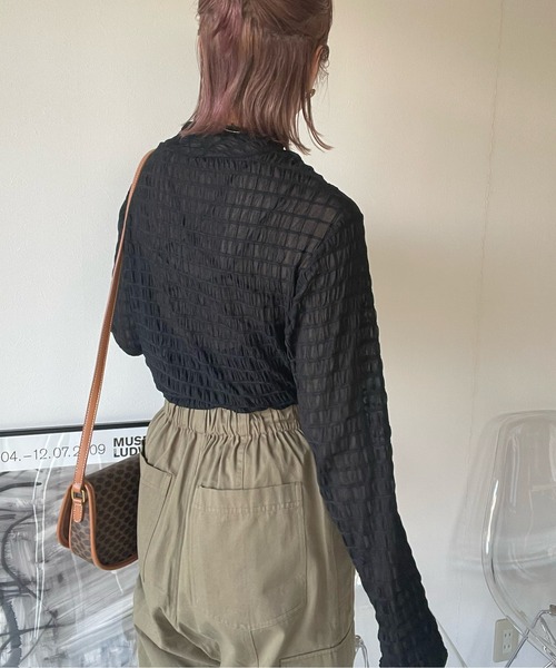 y/m by misato(イムバイミサト)の「シャーリングシアーハイネックトップス(Tシャツ/カットソー・レディース・ブラック/オフホワイト・FREE)」の16枚目の写真
