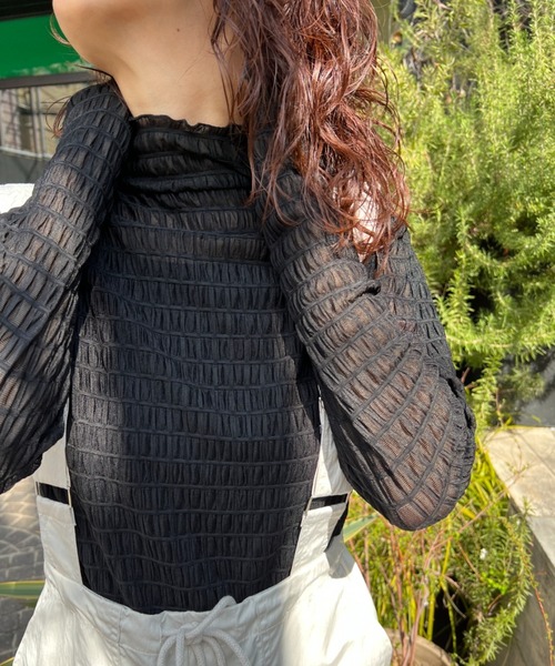y/m by misato(イムバイミサト)の「シャーリングシアーハイネックトップス(Tシャツ/カットソー・レディース・ブラック/オフホワイト・FREE)」の12枚目の写真