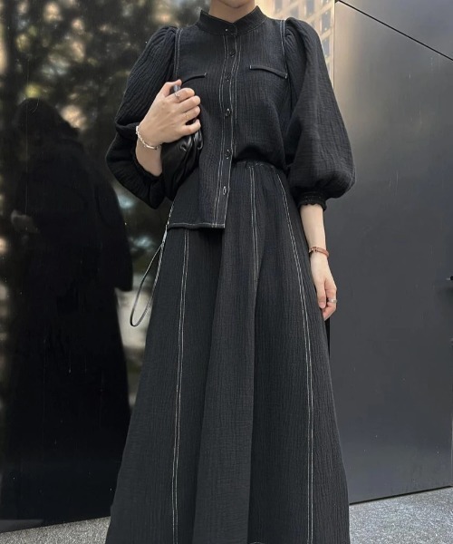 WILLFULLY（ウィルフリー）の「volume sleeve double gauze bi color stitch SH（シャツ/ブラウス・レディース・ブラック/アイボリー/ブルー系・FREE）」の18枚目の写真