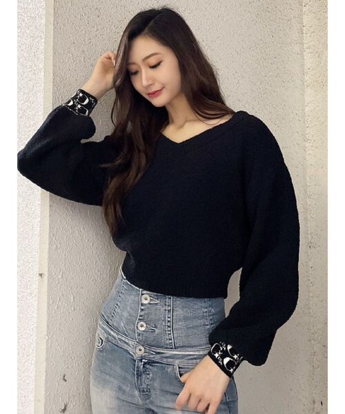 GYDA（ジェイダ）の「GYDA PATTERN CUFF Vネックニット TOPS（ニット/セーター・レディース・ブラック/オフホワイト・FREE）」の2枚目の写真