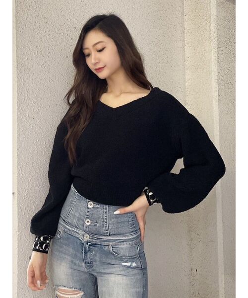 GYDA（ジェイダ）の「GYDA PATTERN CUFF Vネックニット TOPS（ニット/セーター・レディース・ブラック/オフホワイト・FREE）」の5枚目の写真