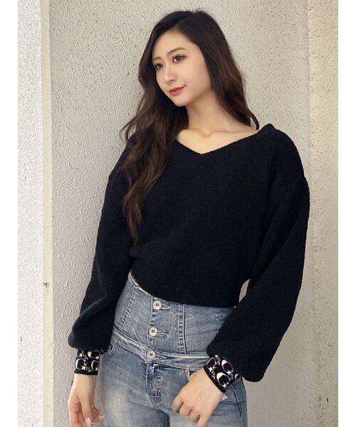 GYDA（ジェイダ）の「GYDA PATTERN CUFF Vネックニット TOPS（ニット/セーター・レディース・ブラック/オフホワイト・FREE）」の7枚目の写真