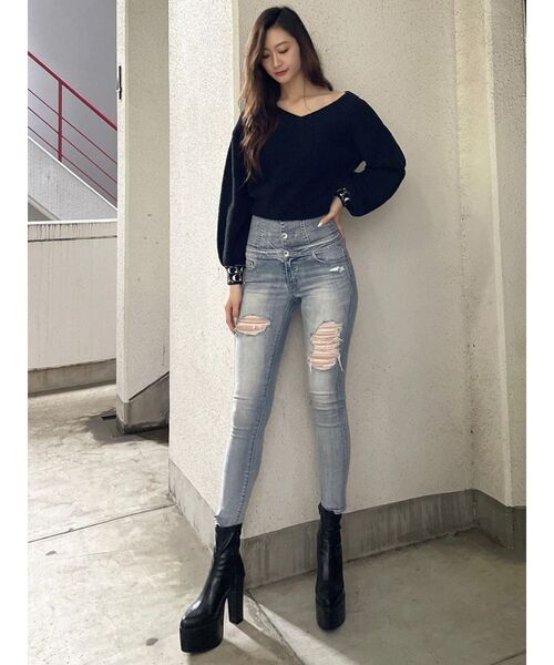 GYDA（ジェイダ）の「GYDA PATTERN CUFF Vネックニット TOPS（ニット/セーター・レディース・ブラック/オフホワイト・FREE）」の12枚目の写真