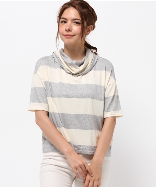 OUTLET(アウトレット)の「【Ciaopanic】ビッグボーダー5分袖オフタートル(Tシャツ/カットソー・レディース・ブラック/グレー/ネイビー・FREE)」の2枚目の写真
