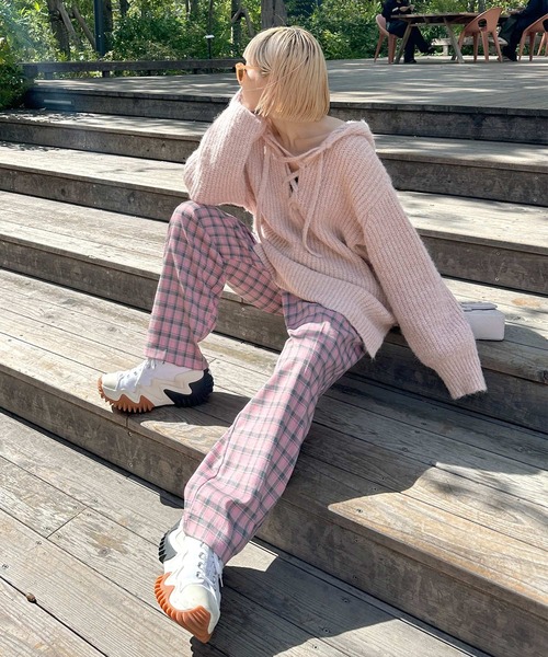 Alley by w closet（アリーバイダブルクローゼット）の「【Alley】レースアップフーディ（ニット/セーター・レディース・ピンク/キナリ/ブルー/チャコールグレー・FREE）」の6枚目の写真