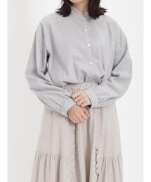 Samansa Mos2 | 【保温加工】ストライプ柄襟フリルブラウス(シャツ/ブラウス)