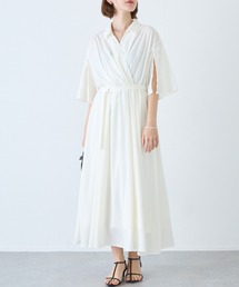 袖スリットカシュクールフレアワンピース|美シルエット/上品肌見せ/好印象/ベルト付き/ウエストゴム