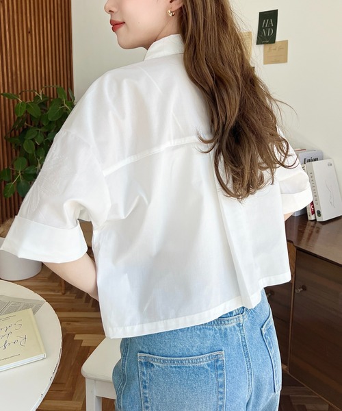 セール】花柄スパンコール刺繍半袖ショートシャツ（シャツ/ブラウス  