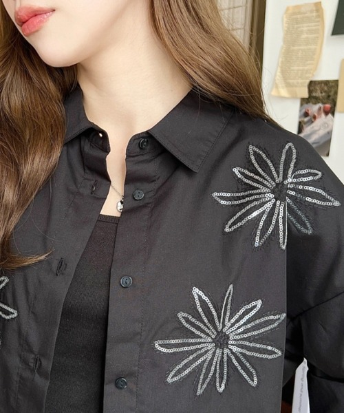 花柄 レース パフスリーブ トップス シャツ スパンコール セール】花柄スパンコール刺繍半袖ショートシャツ（シャツ