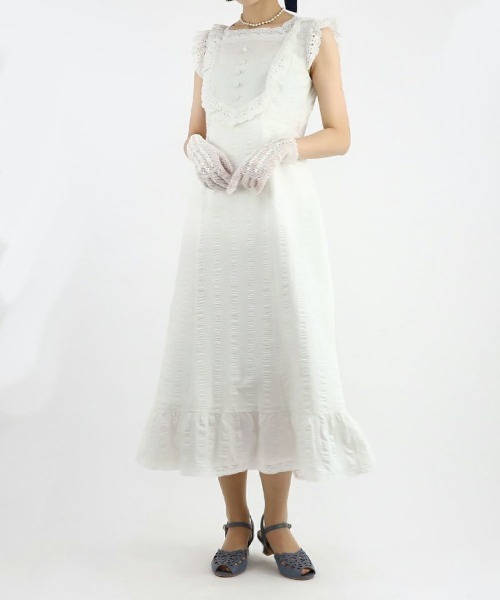 an another angelus（アンアナザーアンジェラス）の「レース使いコットンリップルナローワンピース/ananotherangelus（ワンピース・レディース・ブラック/オフホワイト・FREE）」の5枚目の写真