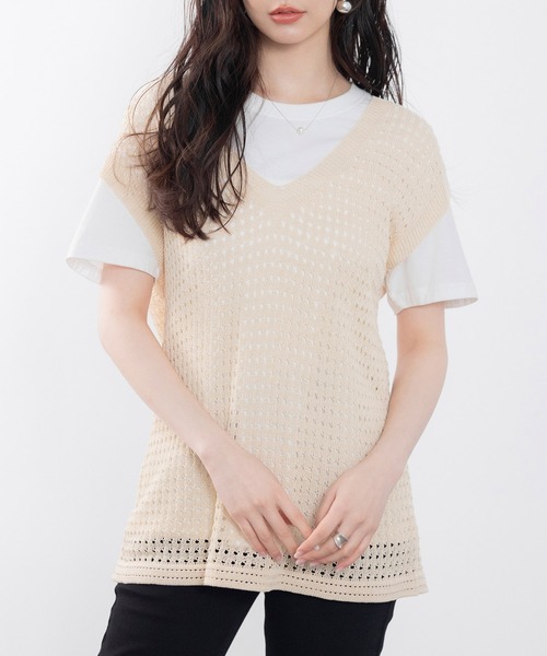 SAISON DE PAPILLON(セゾンドパピヨン)の「透かし編みVネック半袖ニットトップス(ニット/セーター・レディース・ブラック/ベージュ/ホワイト・M/L)」の3枚目の写真