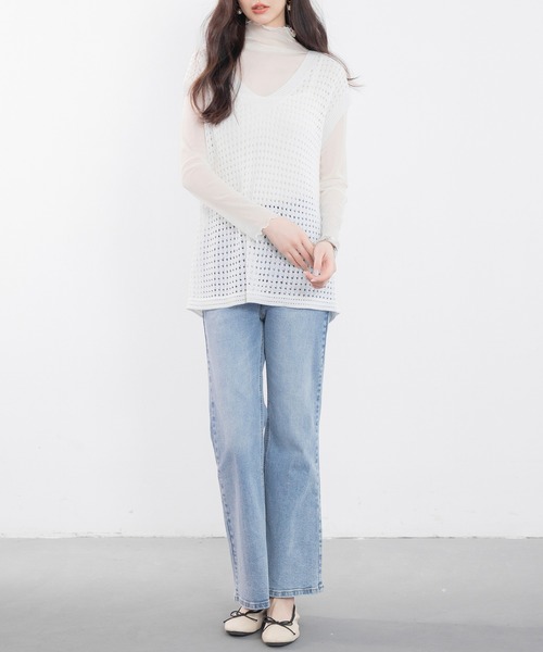 SAISON DE PAPILLON(セゾンドパピヨン)の「透かし編みVネック半袖ニットトップス(ニット/セーター・レディース・ブラック/ベージュ/ホワイト・M/L)」の7枚目の写真