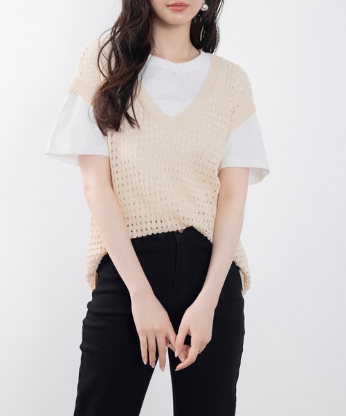 SAISON DE PAPILLON(セゾンドパピヨン)の「透かし編みVネック半袖ニットトップス(ニット/セーター・レディース・ブラック/ベージュ/ホワイト・M/L)」の22枚目の写真