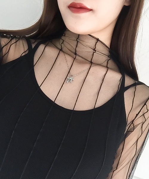 Primazel（プリマゼル）の「インナーキャミ付属シアーメッシュカットソー（Tシャツ/カットソー・レディース・その他3/その他2/その他1/ストライプ/ドット・M）」の4枚目の写真