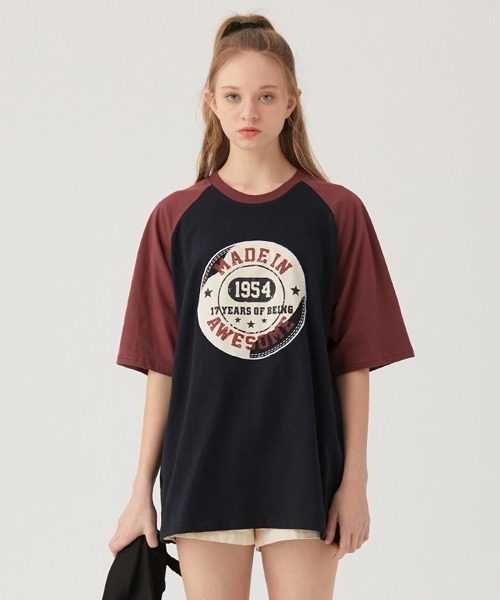 セール】オーバーサイズ 刺繍ロゴラグランスリーブTシャツ（T