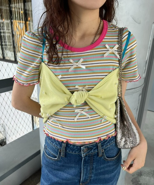 HELLO.SANFRANCISCO(ハローサンフランシスコ)の「【HELLO.SANFRANCISCO】パール付リボンブラキャミ(キャミソール・レディース・グリーン/イエロー/オレンジ・ONE SIZE)」の3枚目の写真
