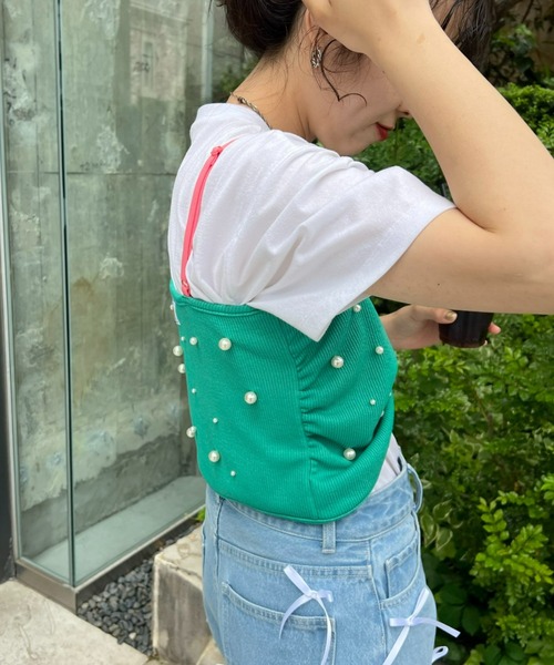 HELLO.SANFRANCISCO(ハローサンフランシスコ)の「【HELLO.SANFRANCISCO】パール付リボンブラキャミ(キャミソール・レディース・グリーン/イエロー/オレンジ・ONE SIZE)」の6枚目の写真