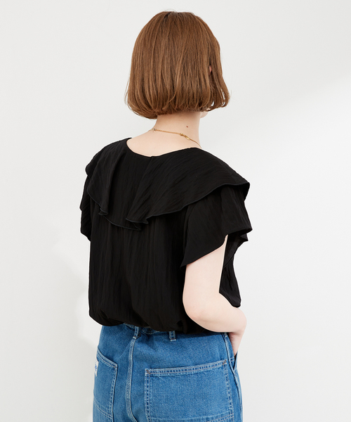 B.C STOCK（ベーセーストック）の「ラッフルカラー半袖ブラウス（シャツ/ブラウス・レディース・ホワイト/ブラック・FREE）」の11枚目の写真