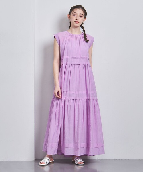 美品♪ユナイテッドアローズ 洗える コットンシルクタックドレス 38 ライラック UNITED ARROWS（ユナイテッドアローズ）の「タック ティアード マキシ