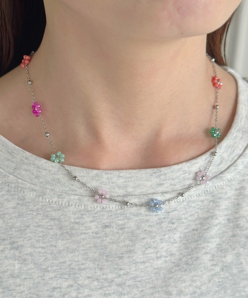 CRYSTAL HAZE フラワー 花 ビーズ チェーン ネックレス/関税込 花しずくのネックレスチャームB 桜◇14kgfローズゴールド