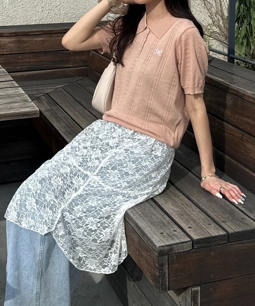 nemne store（ネンネストア）の「《Delfy》ワンポイントリボンニットポロ（ポロシャツ・レディース・ライトブルー/グレー/ピンク/イエロー/クリーム・フリー）」の5枚目の写真