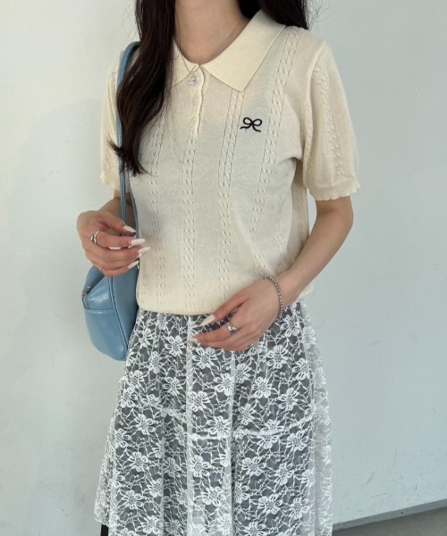 nemne store（ネンネストア）の「《Delfy》ワンポイントリボンニットポロ（ポロシャツ・レディース・ライトブルー/グレー/ピンク/イエロー/クリーム・フリー）」の12枚目の写真