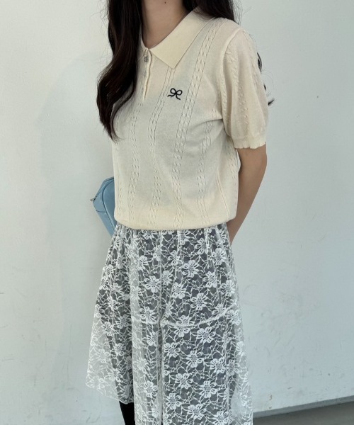 nemne store（ネンネストア）の「《Delfy》ワンポイントリボンニットポロ（ポロシャツ・レディース・ライトブルー/グレー/ピンク/イエロー/クリーム・フリー）」の11枚目の写真