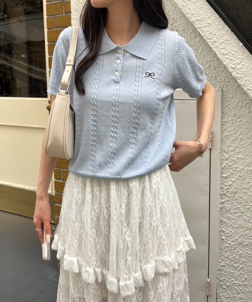 nemne store（ネンネストア）の「《Delfy》ワンポイントリボンニットポロ（ポロシャツ・レディース・ライトブルー/グレー/ピンク/イエロー/クリーム・フリー）」の16枚目の写真