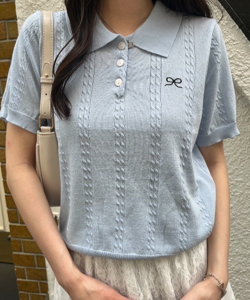 nemne store（ネンネストア）の「《Delfy》ワンポイントリボンニットポロ（ポロシャツ・レディース・ライトブルー/グレー/ピンク/イエロー/クリーム・フリー）」の19枚目の写真