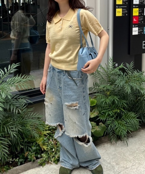 nemne store（ネンネストア）の「《Delfy》ワンポイントリボンニットポロ（ポロシャツ・レディース・ライトブルー/グレー/ピンク/イエロー/クリーム・フリー）」の22枚目の写真