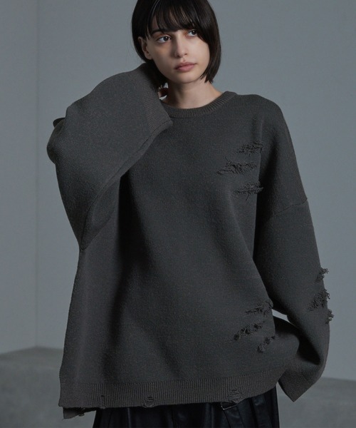 cussil（クシル）の「【cussil/クシル】ダブルジャガードダメージクルーネックニット/セーター（ニット/セーター・メンズ・オフホワイト/チャコールグレー/ブラック/ネイビー/ブラック系・S/M/L）」の7枚目の写真