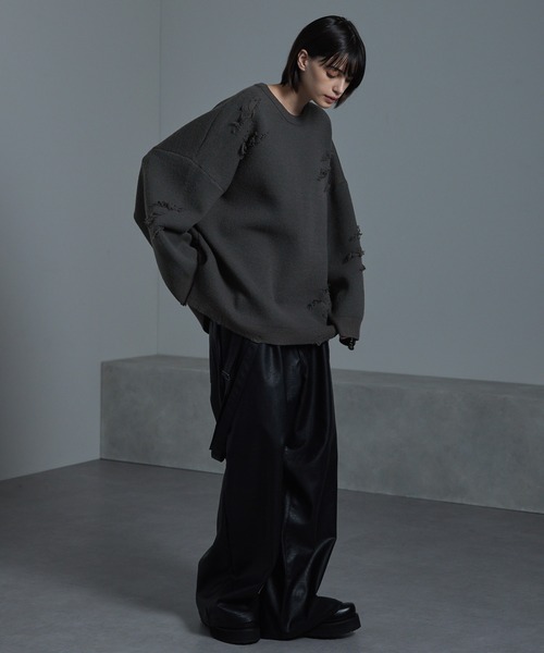 cussil（クシル）の「【cussil/クシル】ダブルジャガードダメージクルーネックニット/セーター（ニット/セーター・メンズ・オフホワイト/チャコールグレー/ブラック/ネイビー/ブラック系・S/M/L）」の17枚目の写真