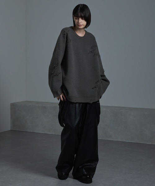 cussil（クシル）の「【cussil/クシル】ダブルジャガードダメージクルーネックニット/セーター（ニット/セーター・メンズ・オフホワイト/チャコールグレー/ブラック/ネイビー/ブラック系・S/M/L）」の18枚目の写真