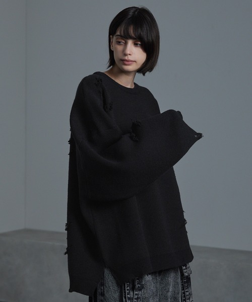 cussil（クシル）の「【cussil/クシル】ダブルジャガードダメージクルーネックニット/セーター（ニット/セーター・メンズ・オフホワイト/チャコールグレー/ブラック/ネイビー/ブラック系・S/M/L）」の22枚目の写真