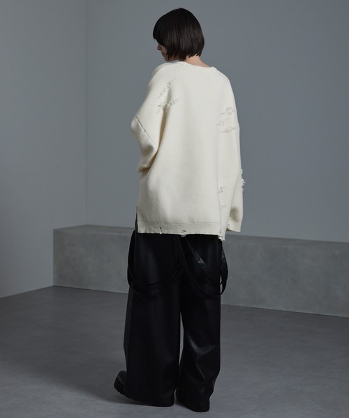 cussi/クシル ダブルジャガードルーズシルエットVネックダメージニット S cussil/クシル】ダブルジャガードルーズシルエットVネック
