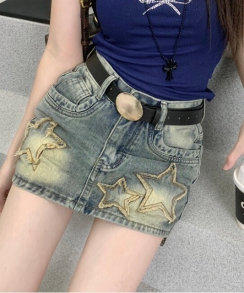 セール】ダメージ加工星柄デニムミニスカート（デニムスカート）｜LADY