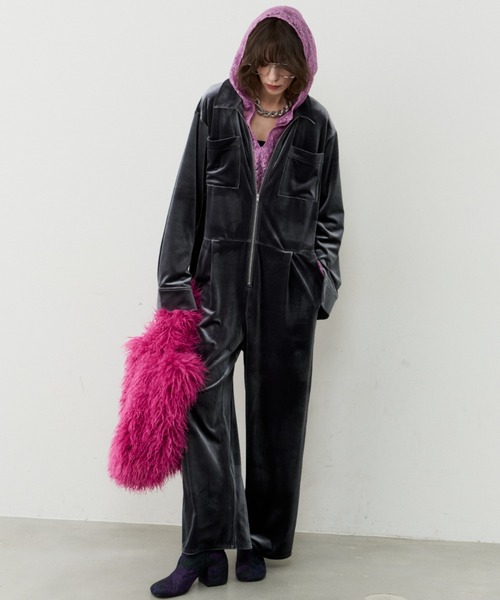 Yae オールインワン つなぎ Fastener slit velours jumpsuit / ファスナースリットベロアジャンプ