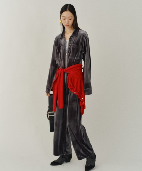 セール】Fastener slit velours jumpsuit / ファスナースリットベロア
