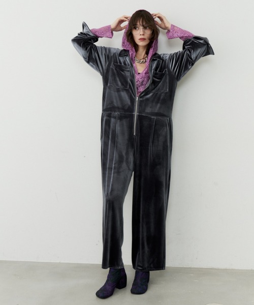 yae ヤエ オールインワン ベロア素材 ブラック 38 美品 Fastener slit velours jumpsuit / ファスナースリットベロアジャンプ