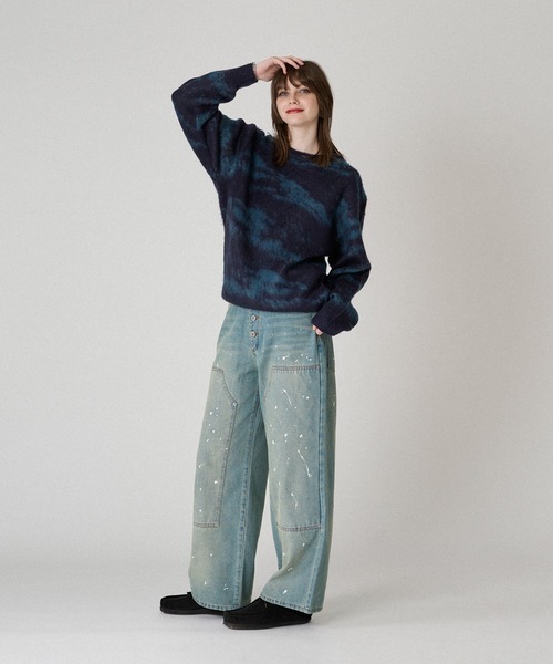 セール】RHINESTONE PAINT DOUBLE KNEE DENIM PANTS/ライン